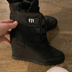 Black F21 ankle bootie wedges
